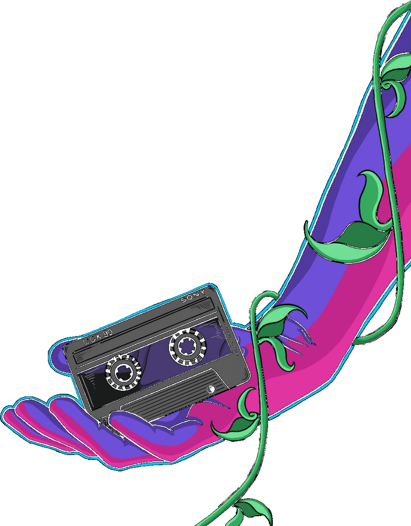 Purple hand and casette